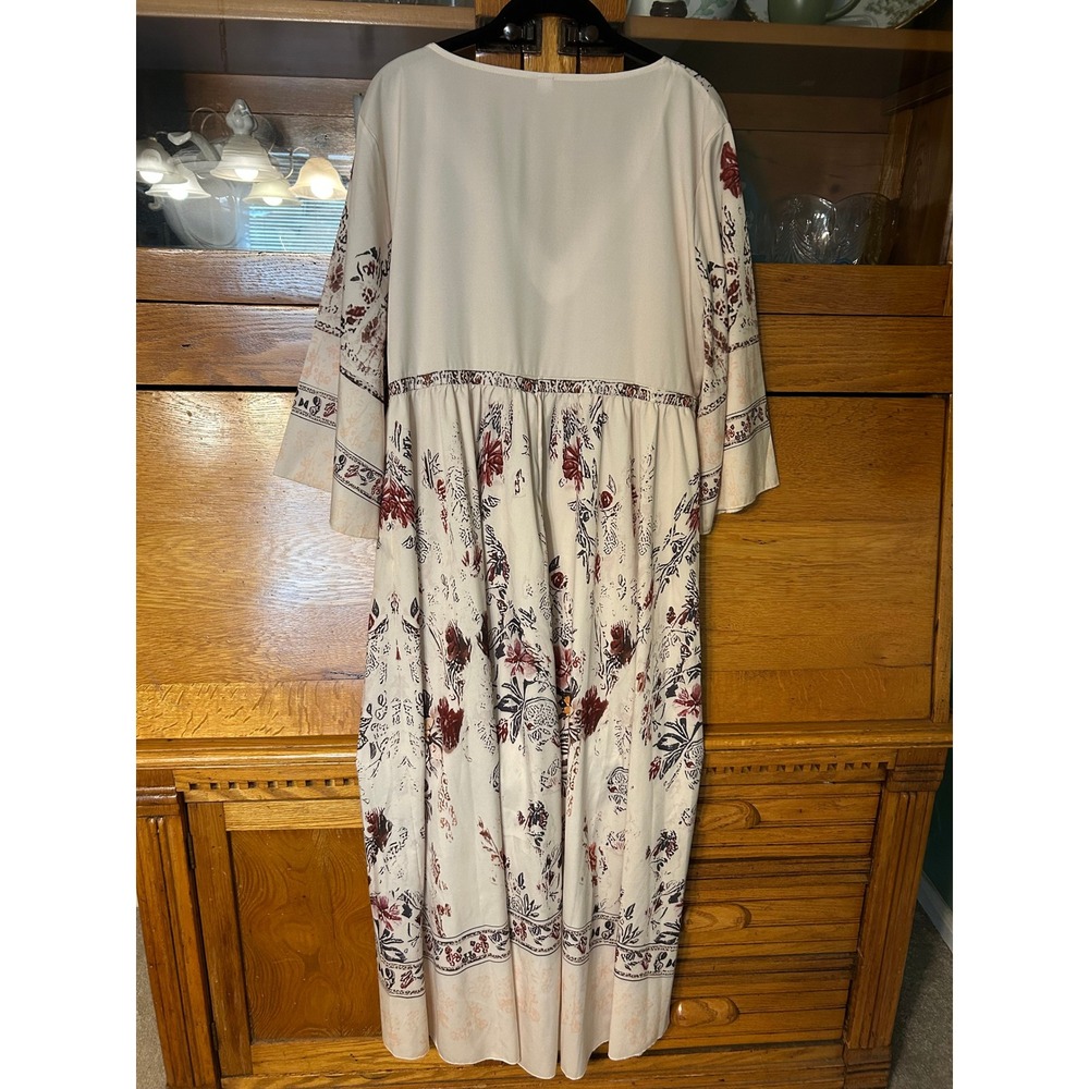 Boho Floral Hi Low Maxi Dress XXL Cream Burgundy Bell Sleeve V-Neck Empire Waist - Picture 2 of 12